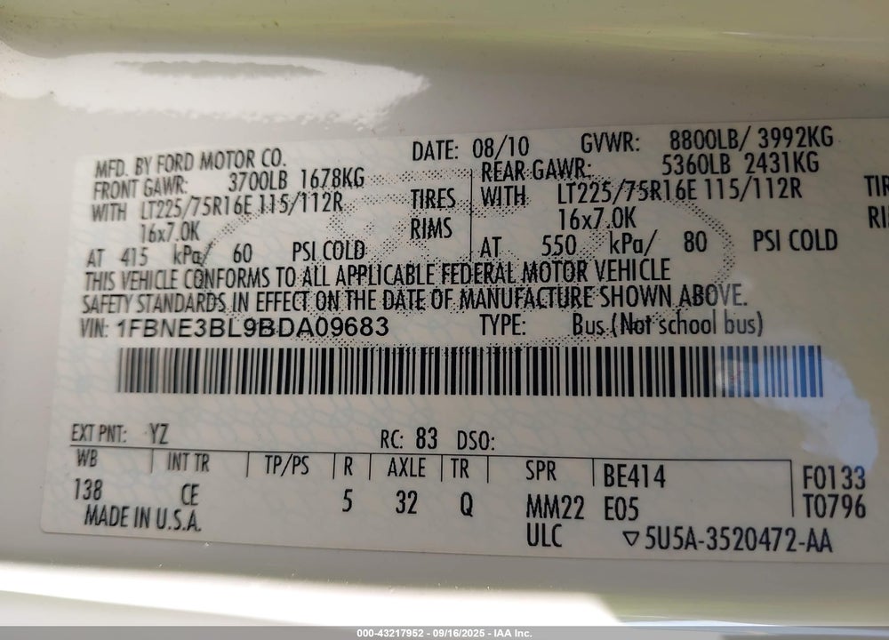 2011 FORD E 350 VIN: 1FBNE3BL9BDA09683