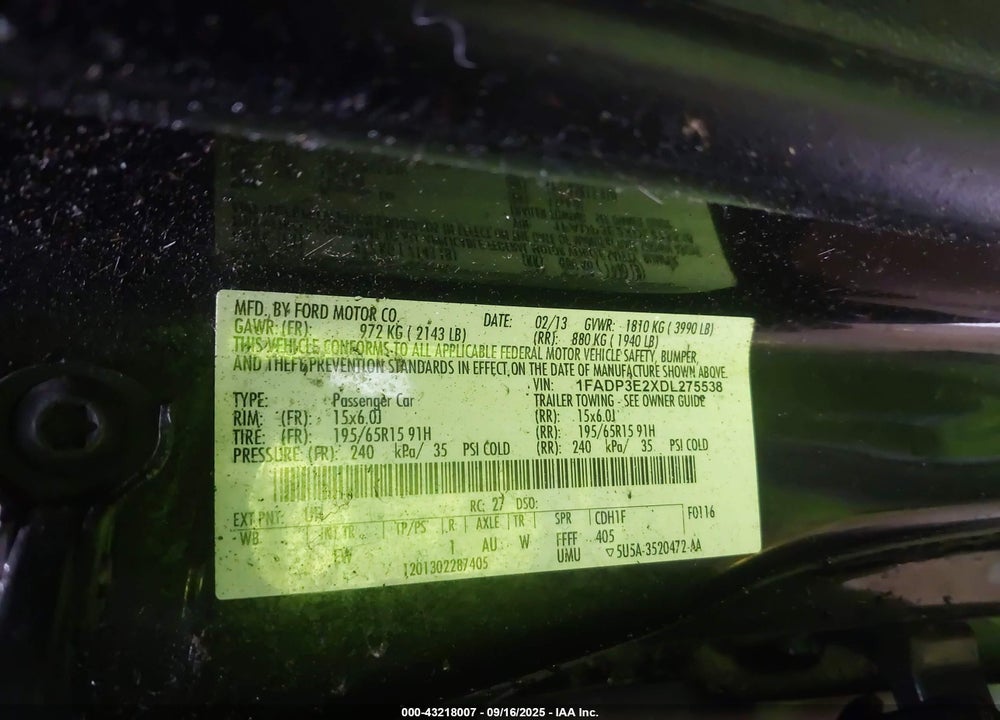 2013 FORD FOCUS VIN: 1FADP3E2XDL275538