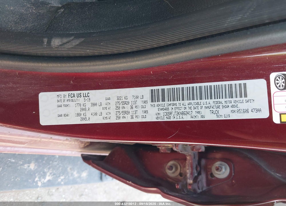 2019 RAM 1500 VIN: 1C6SRFJT2KN862417