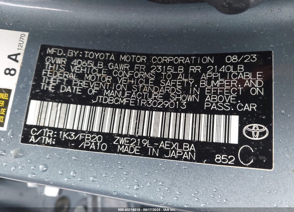 2024 TOYOTA COROLLA VIN: JTDBCMFE1R3029013
