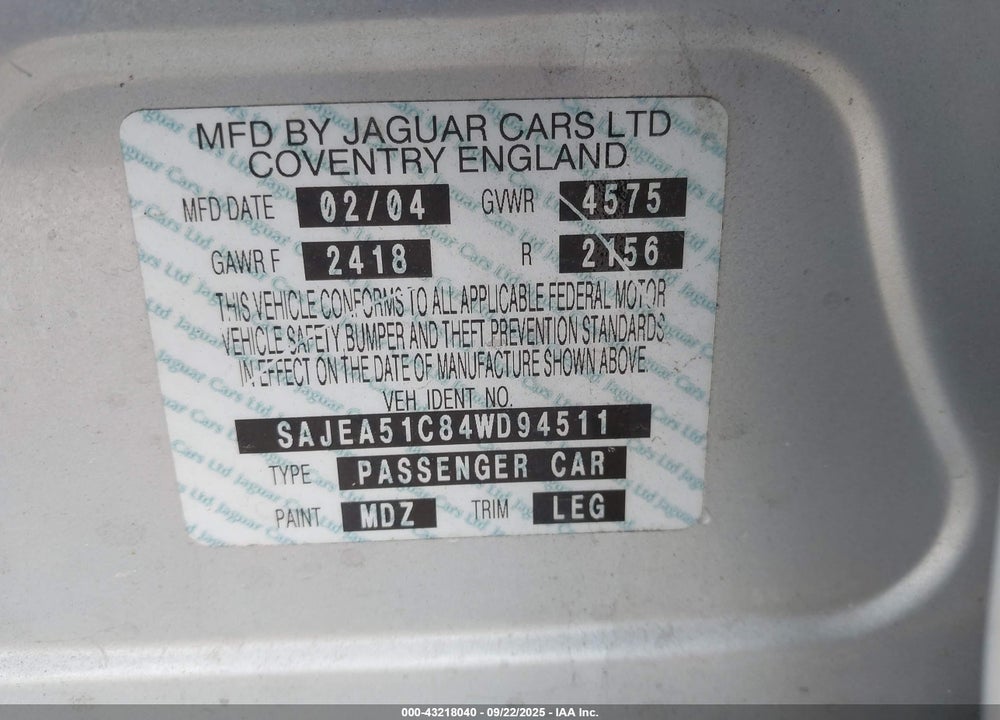 2004 JAGUAR X-TYPE 3.0 VIN: SAJEA51C84WD94511