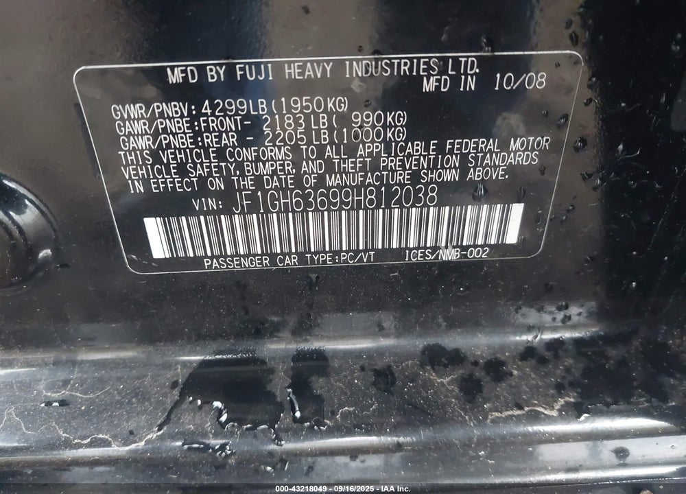 2009 SUBARU IMPREZA VIN: JF1GH63699H812038