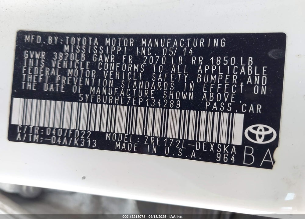 2014 TOYOTA COROLLA VIN: 5YFBURHE7EP134289