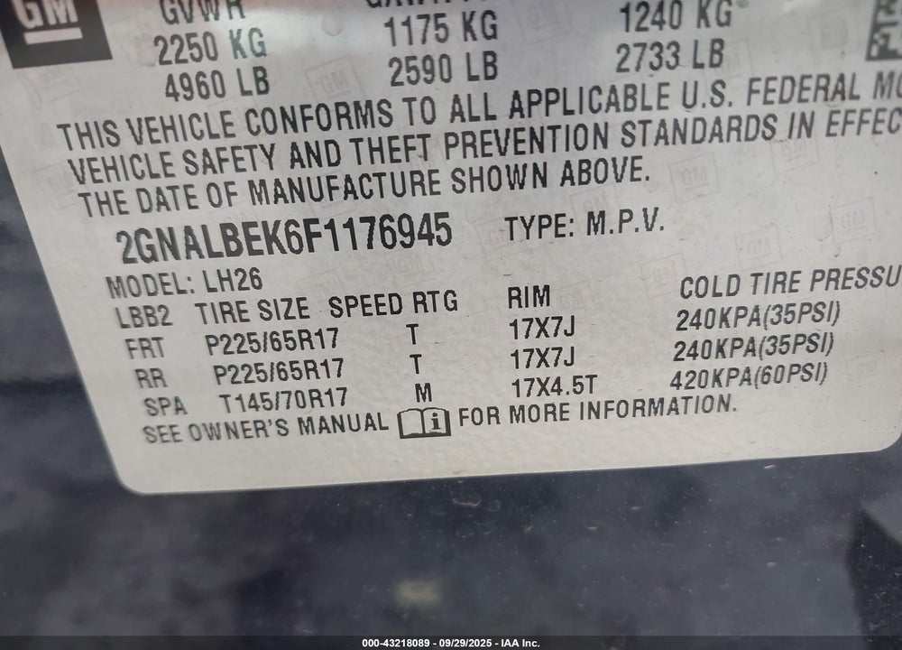 2015 CHEVROLET EQUINOX 1LT VIN: 2GNALBEK6F1176945