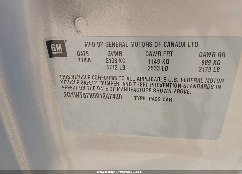 2009 CHEVROLET IMPALA VIN: 2G1WT57K591247420