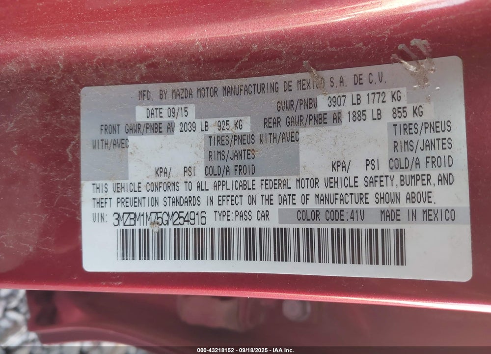 2016 MAZDA 3 I TOURING VIN: 3MZBM1M75GM254916