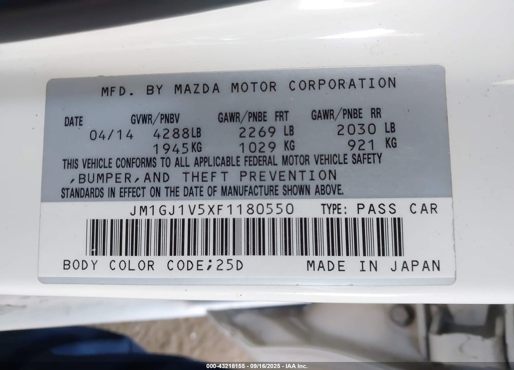 2015 MAZDA 6 VIN: JM1GJ1V5XF1180550