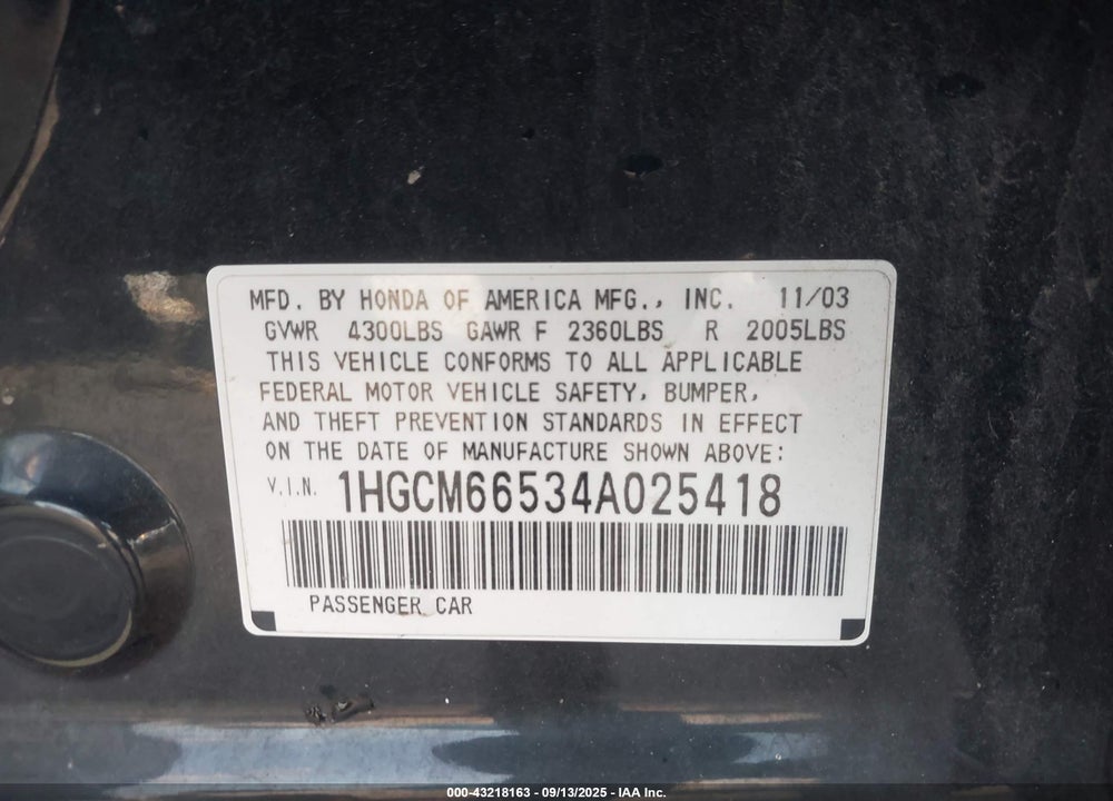 2004 HONDA ACCORD 3.0 EX VIN: 1HGCM66534A025418