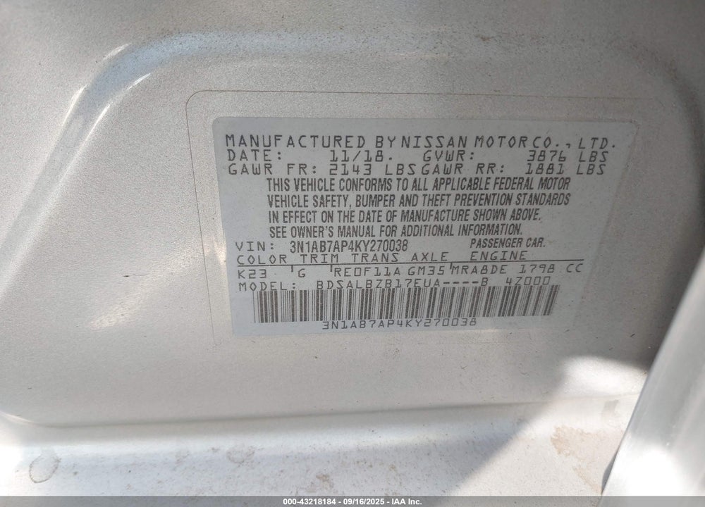 2019 NISSAN SENTRA VIN: 3N1AB7AP4KY270038