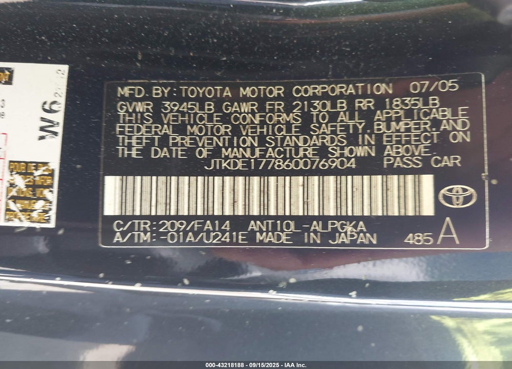 2006 SCION TC VIN: JTKDE177860076904