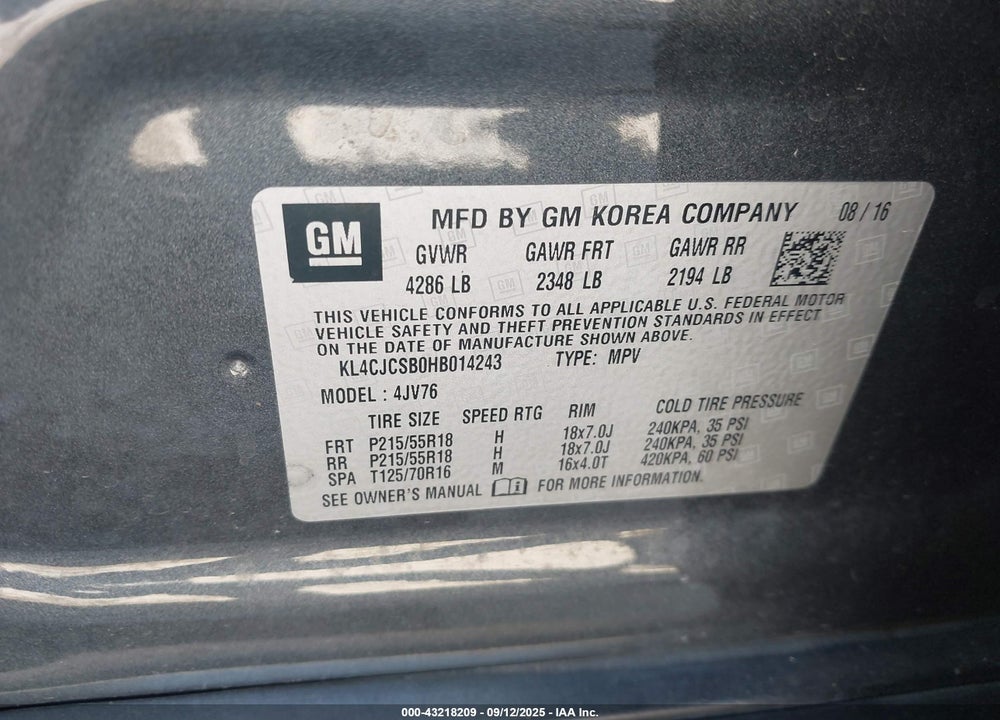 2017 BUICK ENCORE VIN: KL4CJCSB0HB014243