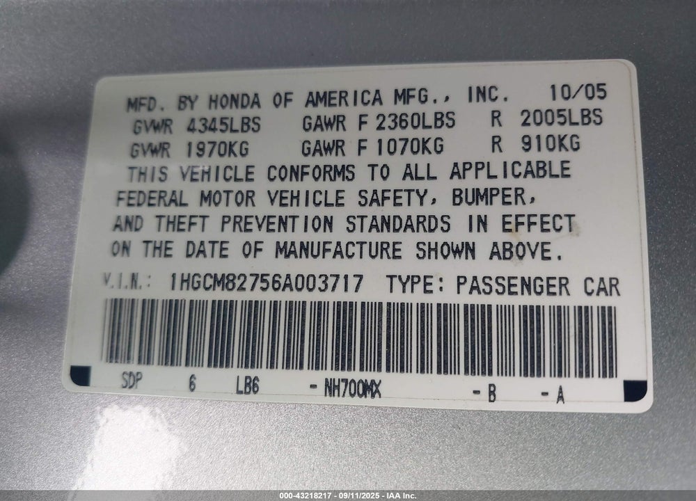 2006 HONDA ACCORD 3.0 EX VIN: 1HGCM82756A003717