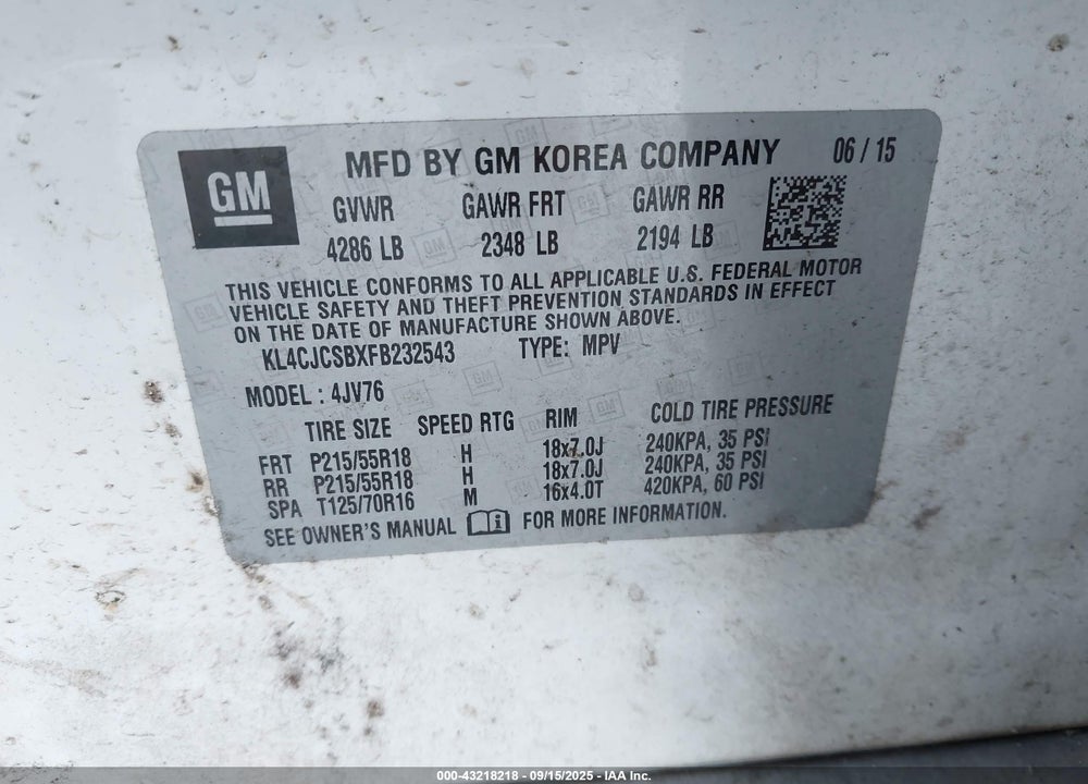 2015 BUICK ENCORE LEATHER VIN: KL4CJCSBXFB232543