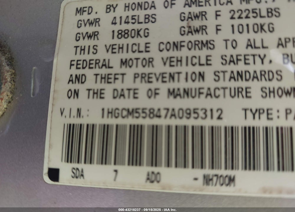 2007 HONDA ACCORD 2.4 EX VIN: 1HGCM55847A095312