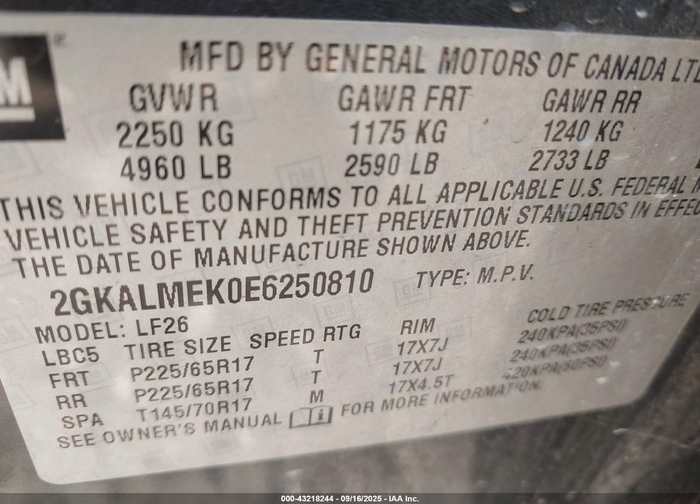 2014 GMC TERRAIN VIN: 2GKALMEK0E6250810