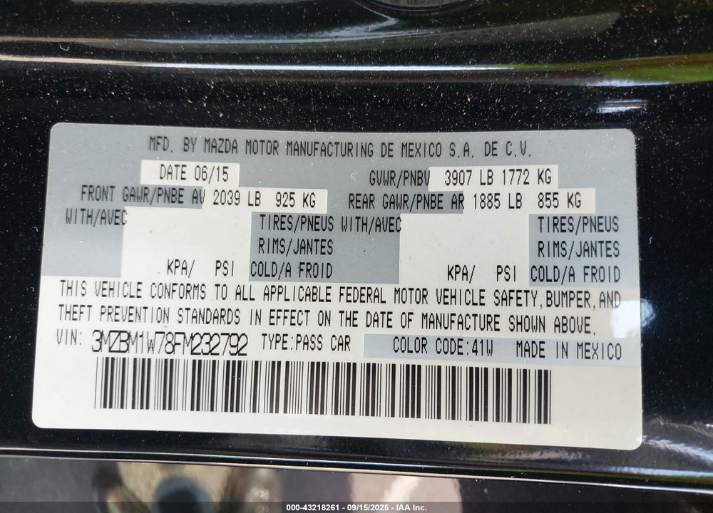 2015 MAZDA 3 VIN: 3MZBM1W78FM232792