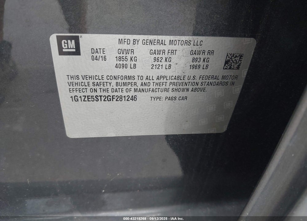 2016 CHEVROLET MALIBU VIN: 1G1ZE5ST2GF281246