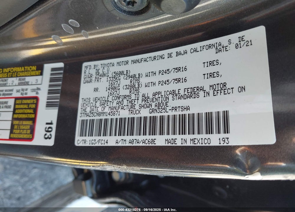 2021 TOYOTA TACOMA VIN: 3TMAZ5CN8MM145871