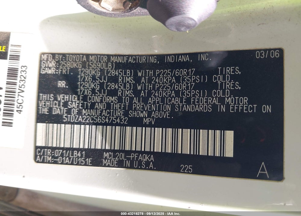 2006 TOYOTA SIENNA XLE VIN: 5TDZA22C56S475432