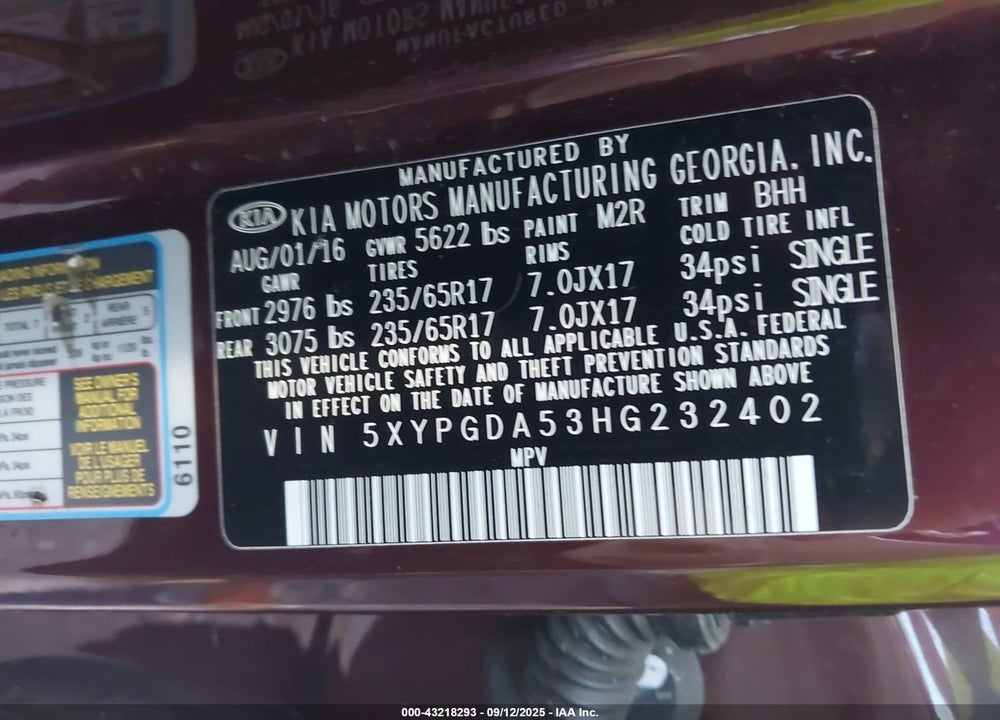 2017 KIA SORENTO VIN: 5XYPGDA53HG232402