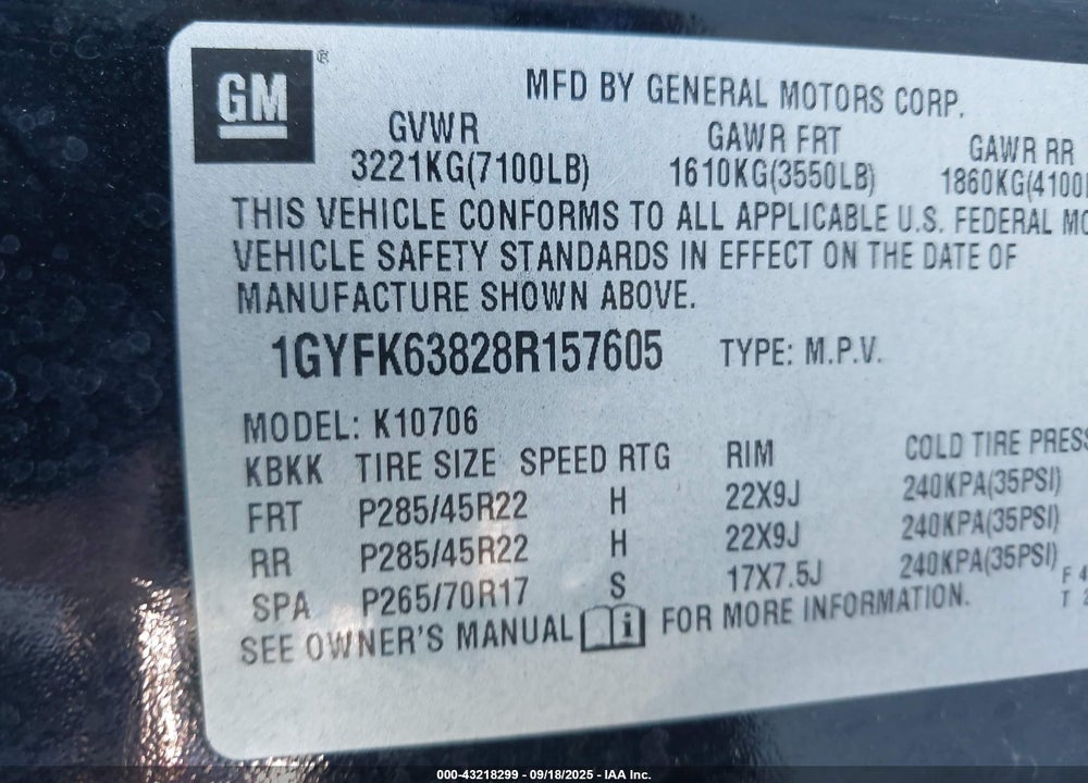 2008 CADILLAC ESCALADE VIN: 1GYFK63828R157605