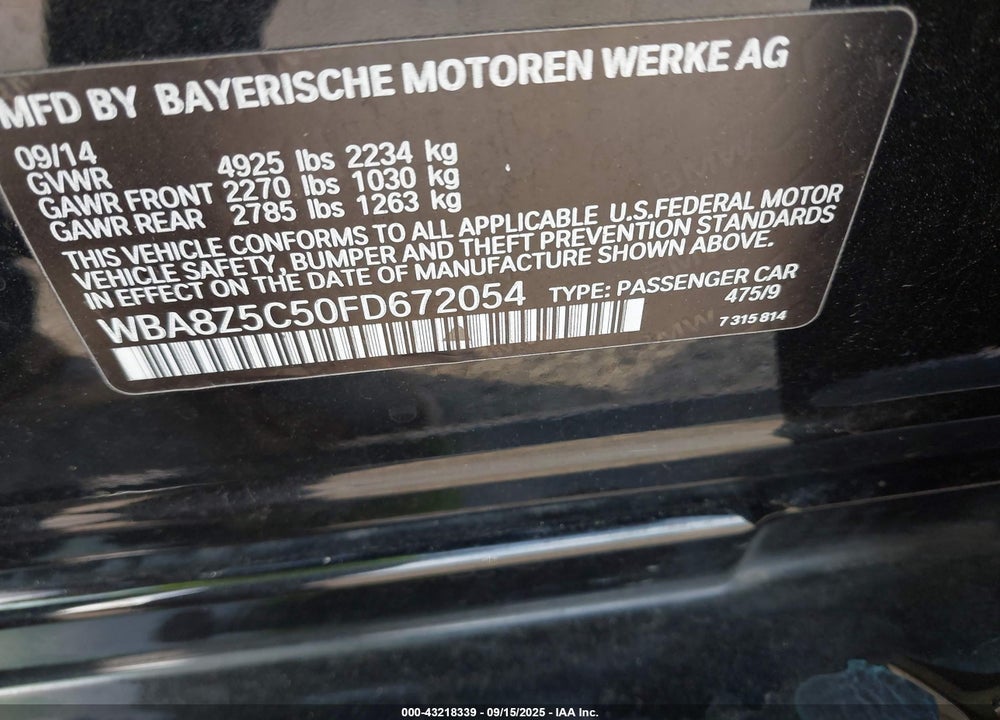 2015 BMW 328I GRAN TURISMO XDRIVE VIN: WBA8Z5C50FD672054