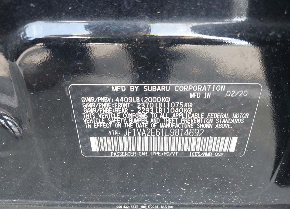2020 SUBARU WRX VIN: JF1VA2E61L9814692