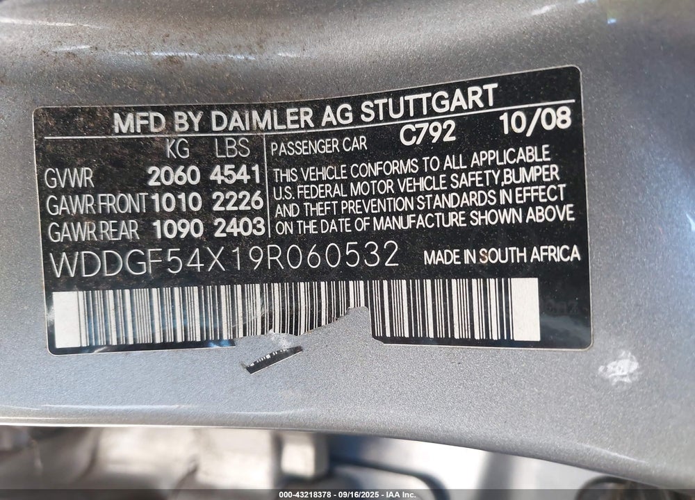 2009 MERCEDES-BENZ C CLASS VIN: WDDGF54X19R060532