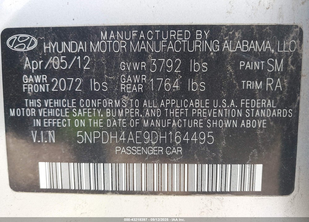 2013 HYUNDAI ELANTRA VIN: 5NPDH4AE9DH164495