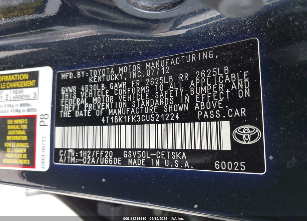 2012 TOYOTA CAMRY VIN: 4T1BK1FK3CU521224