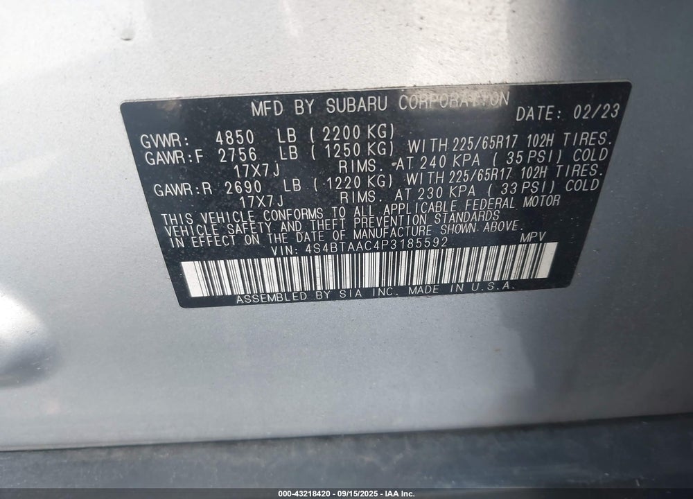 2023 SUBARU OUTBACK VIN: 4S4BTAAC4P3185592