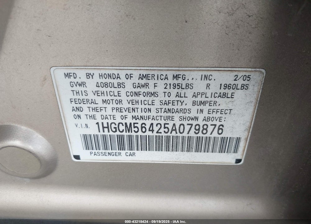 2005 HONDA ACCORD VIN: 1HGCM56425A079876