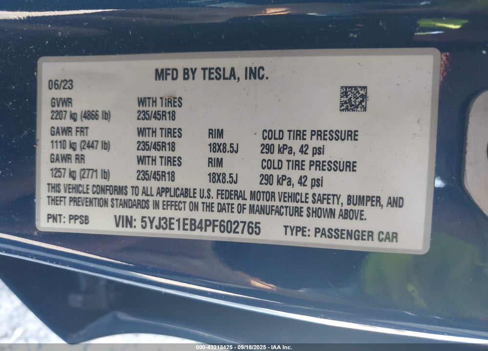 2023 TESLA MODEL 3 VIN: 5YJ3E1EB4PF602765
