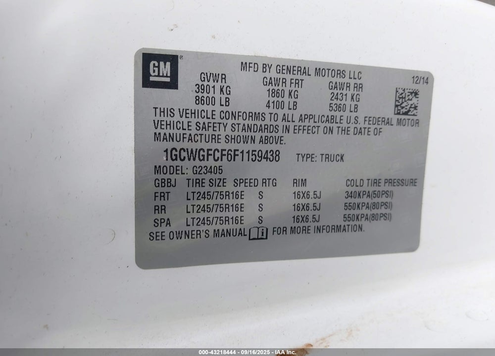 2015 CHEVROLET EXPRESS 2500 WORK VAN VIN: 1GCWGFCF6F1159438
