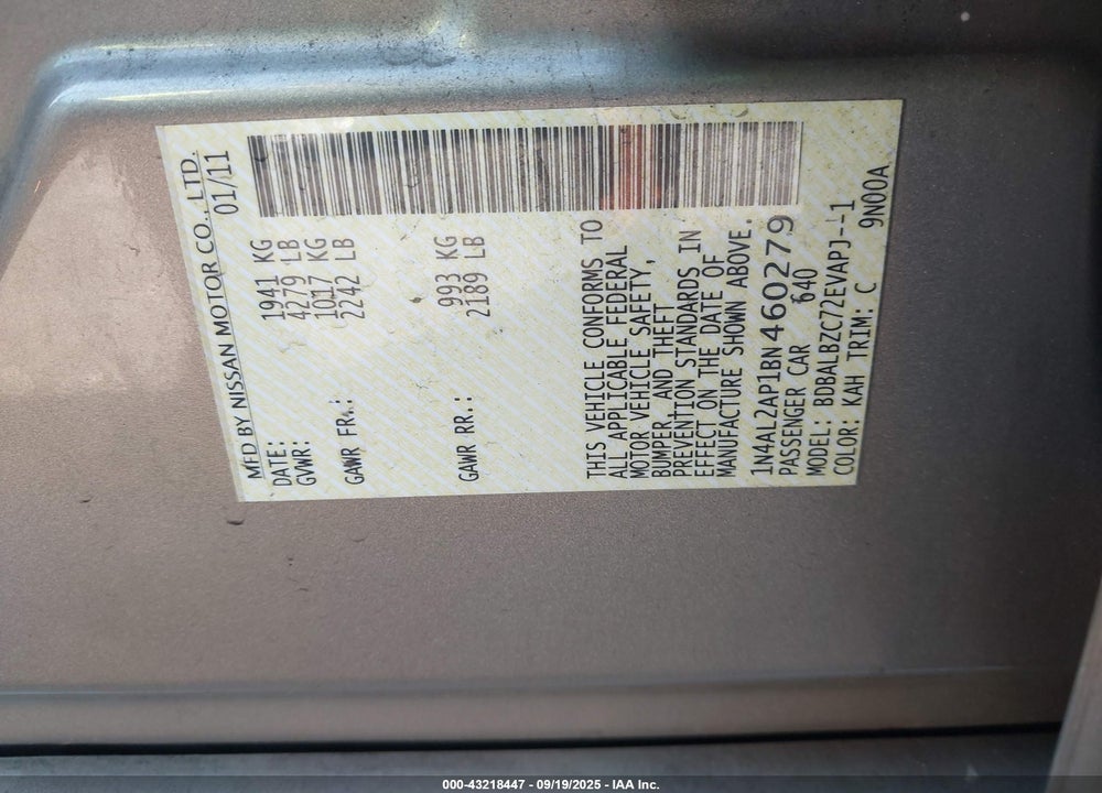 2011 NISSAN ALTIMA VIN: 1N4AL2AP1BN460279