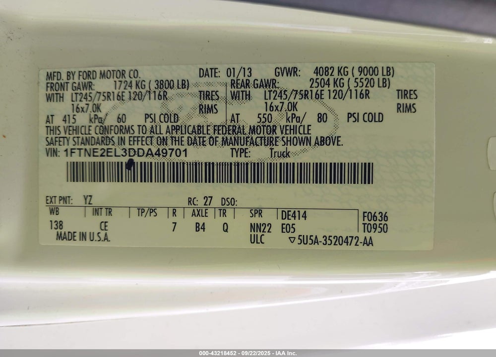 2013 FORD E-250 COMMERCIAL VIN: 1FTNE2EL3DDA49701