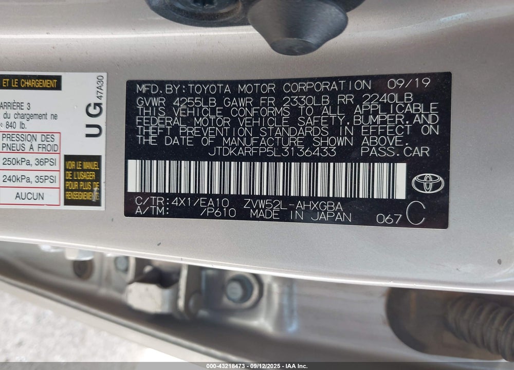 2020 TOYOTA PRIUS PRIME XLE VIN: JTDKARFP5L3136433