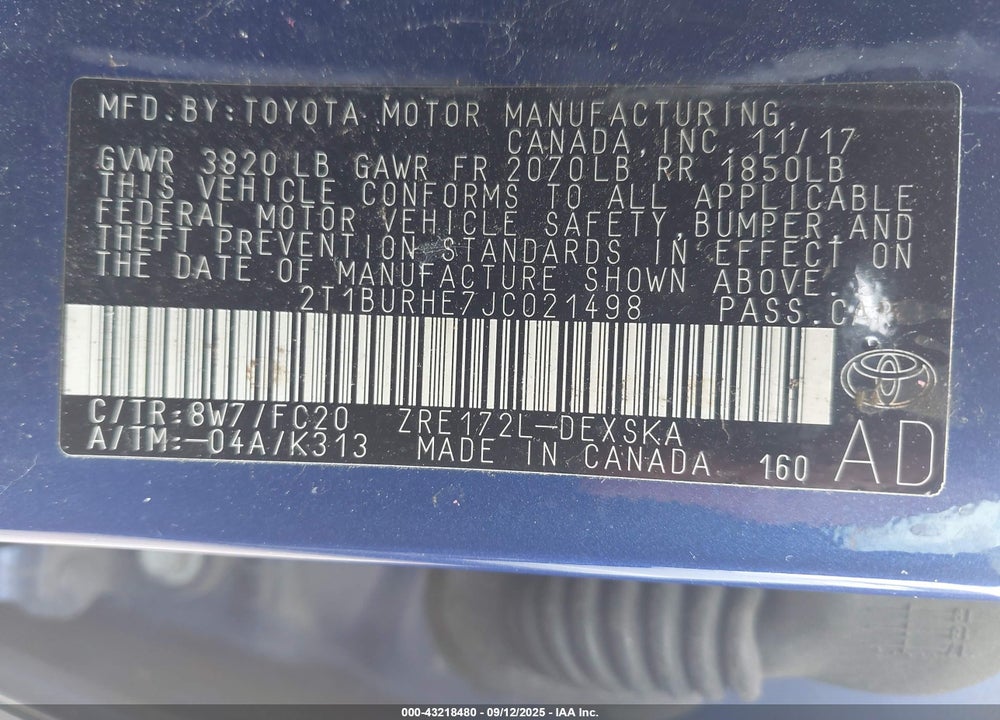 2018 TOYOTA COROLLA SE VIN: 2T1BURHE7JC021498