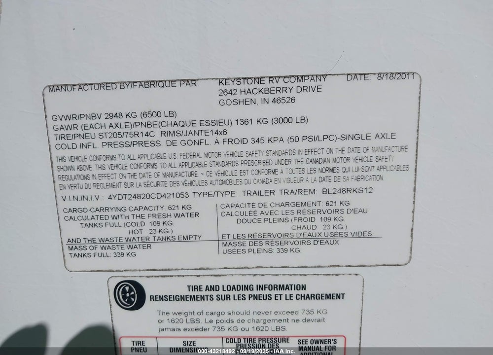 2012 KEYSTONE BULLET VIN: 4YDT24820CD421053