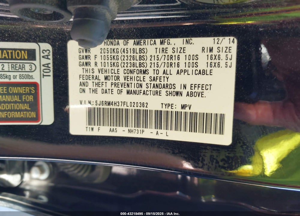 2015 HONDA CR-V LX VIN: 5J6RM4H37FL020362