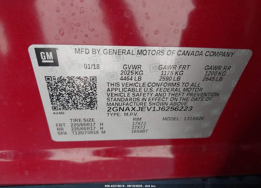2018 CHEVROLET EQUINOX VIN: 2GNAXJEV1J6256223