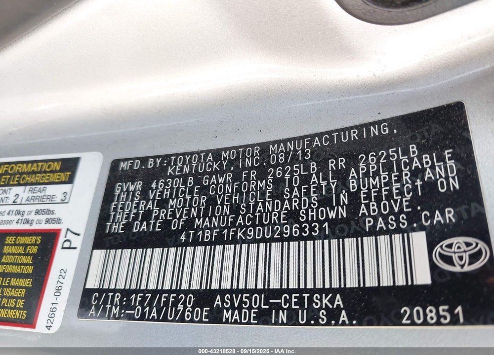 2013 TOYOTA CAMRY SE VIN: 4T1BF1FK9DU296331