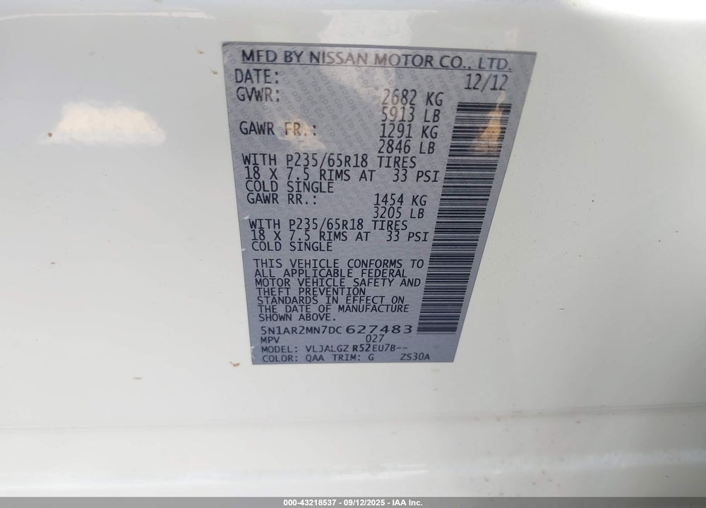 2013 NISSAN PATHFINDER VIN: 5N1AR2MN7DC627483