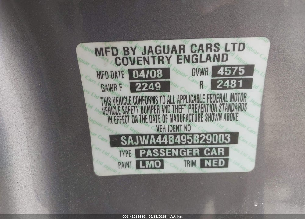 2009 JAGUAR XK SERIES VIN: SAJWA44B495B29003