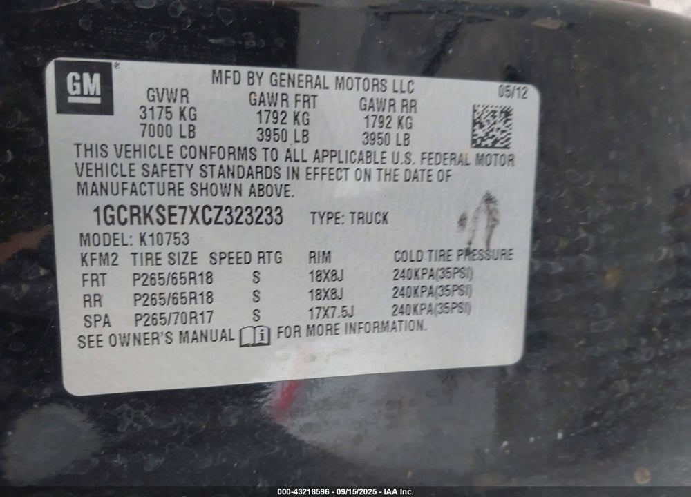 2012 CHEVROLET SILVERADO 1500 VIN: 1GCRKSE7XCZ323233