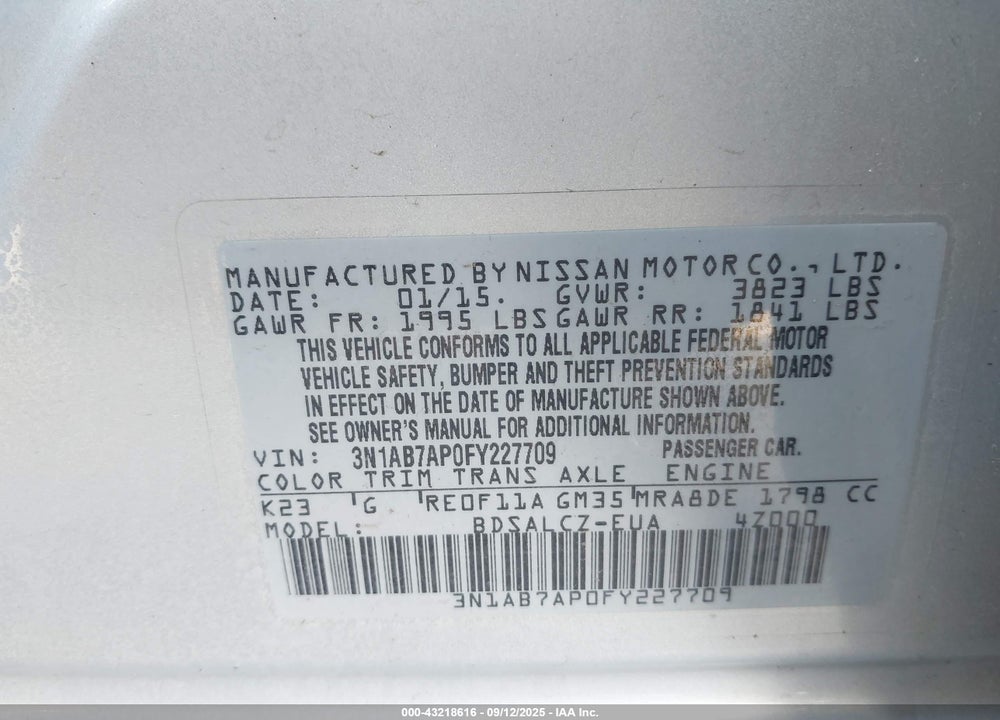 2015 NISSAN SENTRA VIN: 3N1AB7AP0FY227709