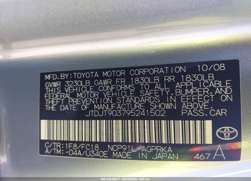 2009 TOYOTA YARIS VIN: JTDJT903795241502