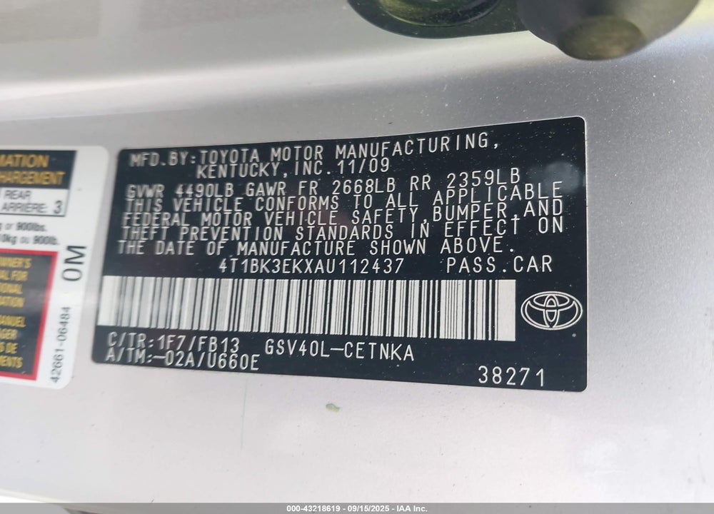 2010 TOYOTA CAMRY VIN: 4T1BK3EKXAU112437