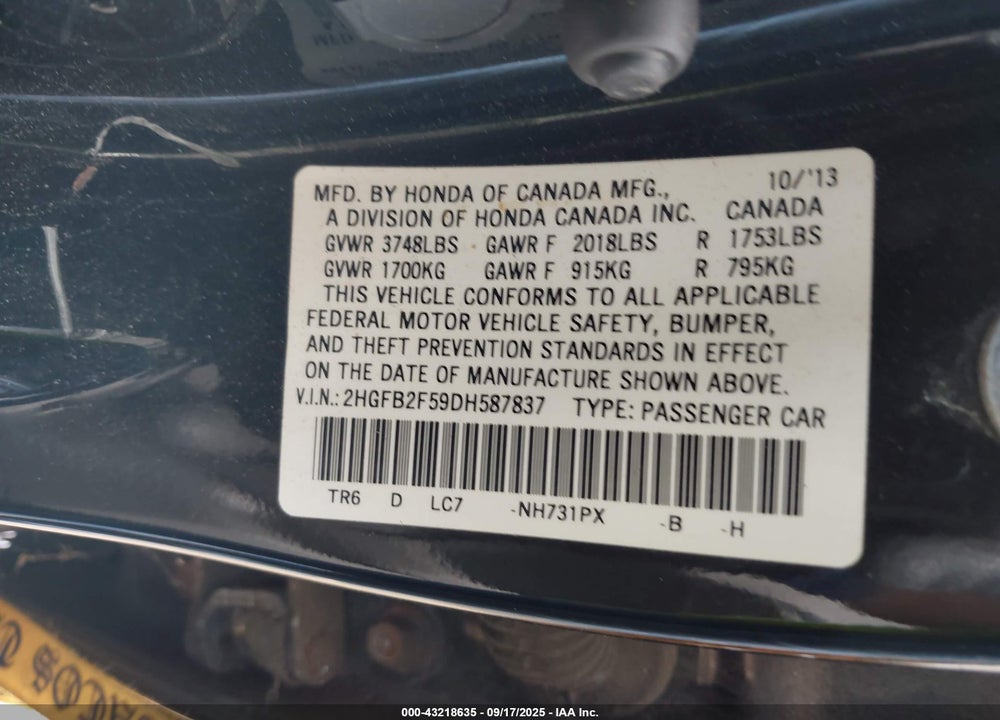 2013 HONDA CIVIC LX VIN: 2HGFB2F59DH587837