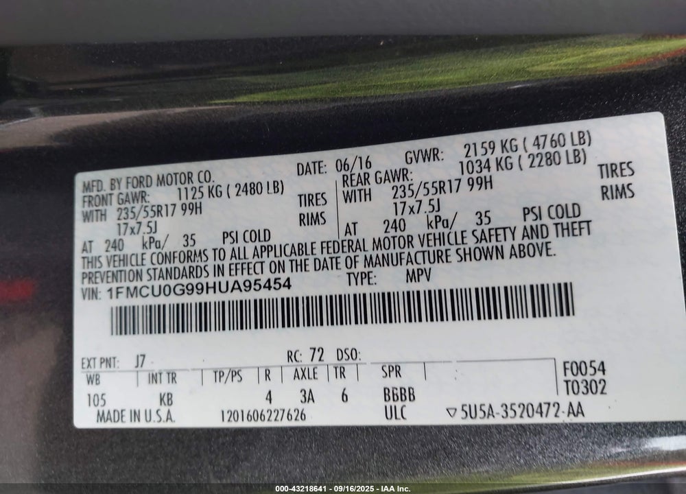 2017 FORD ESCAPE SE VIN: 1FMCU0G99HUA95454